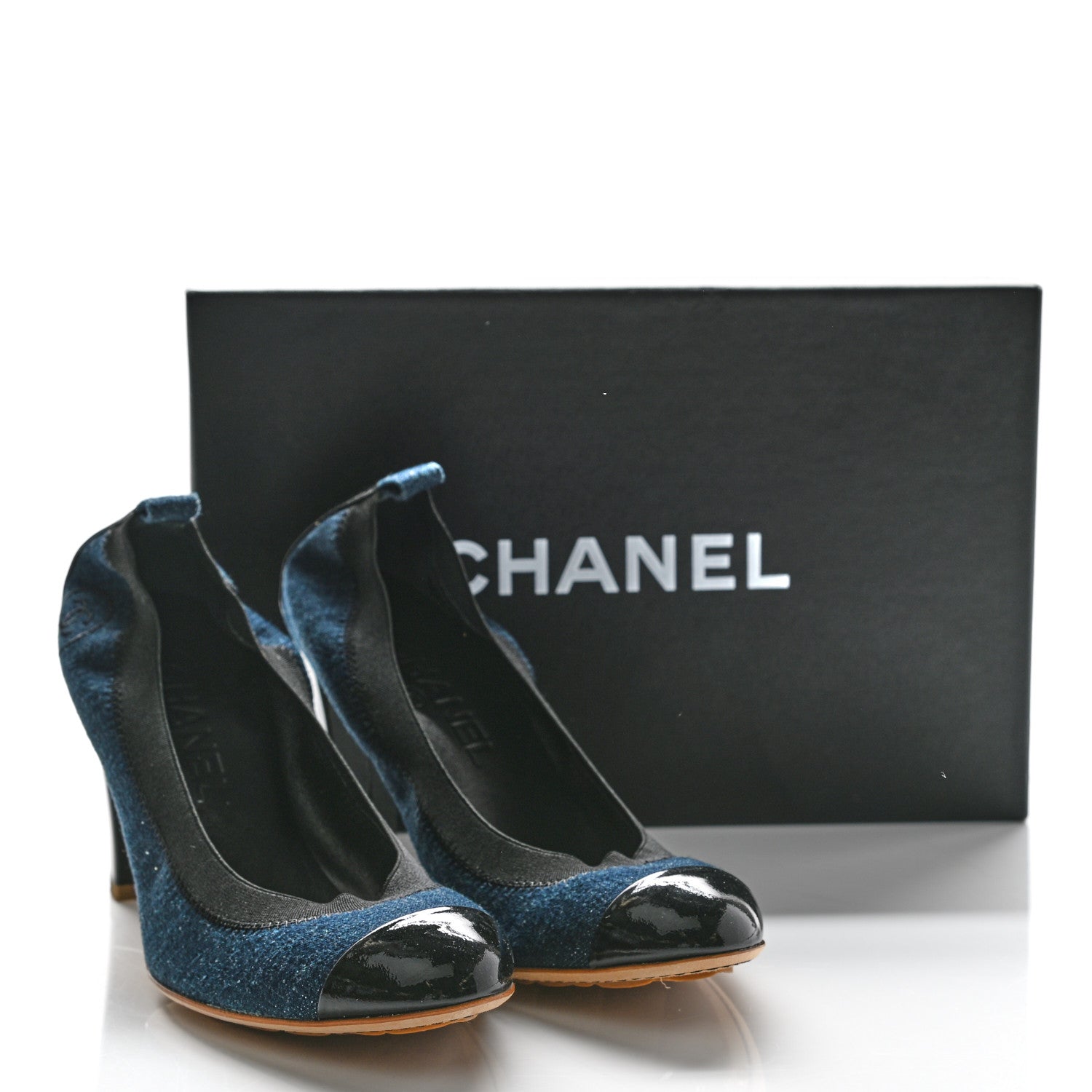 Chanel Denim Patent CC Elastic Stretch Pumps 38.5 Blue Black 8 of 8