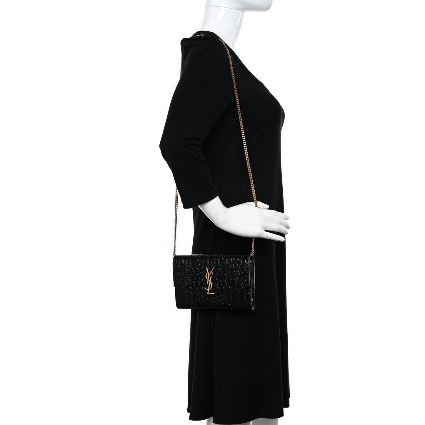 Calfskin Crocodile Embossed Monogram Uptown Chain Wallet Black