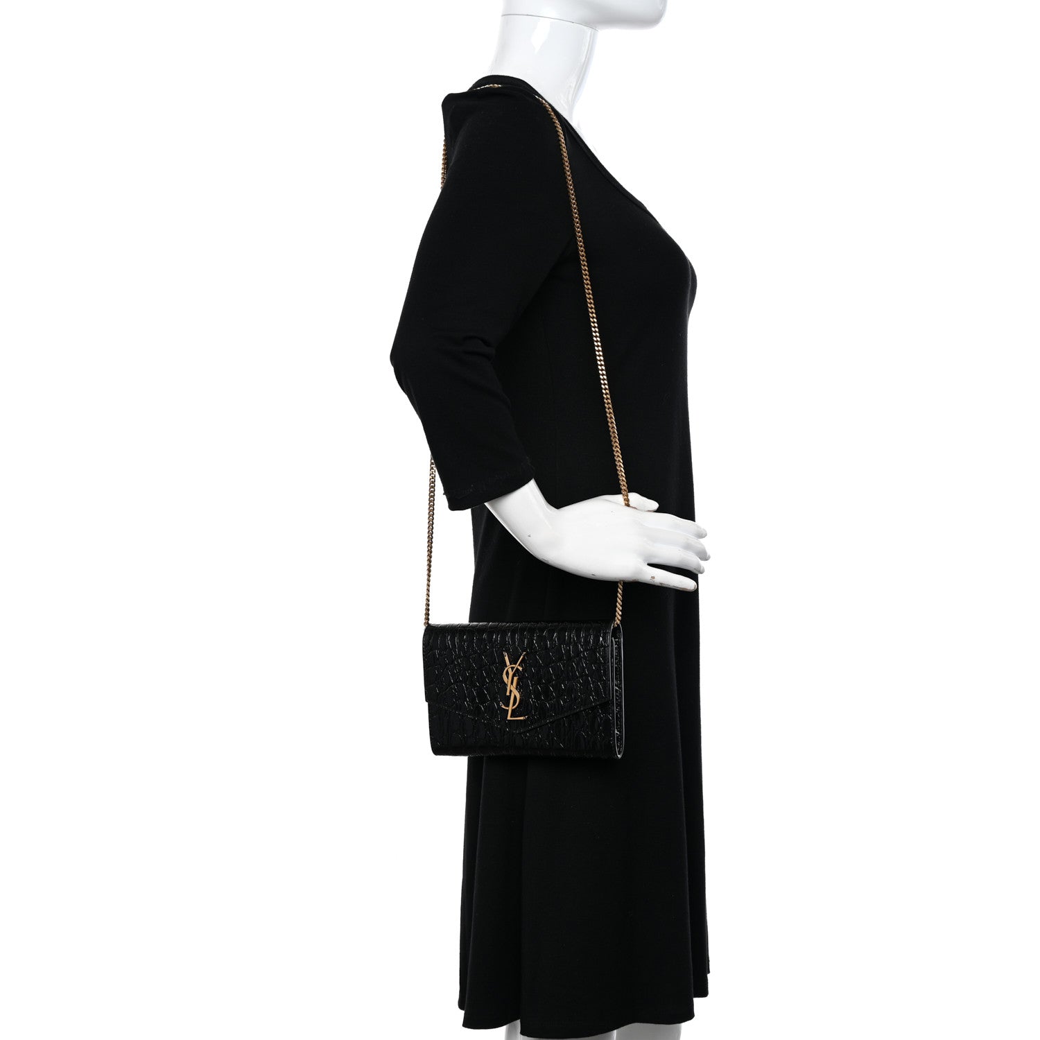 Saint Laurent Calfskin Crocodile Embossed Monogram Uptown Chain Wallet Black 2 of 11