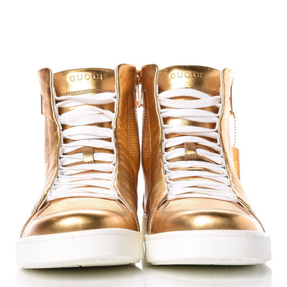 Gucci Metallic Nappa Silk Mens Dog Tag High Top Sneakers 7.5 Oro 2 of 9