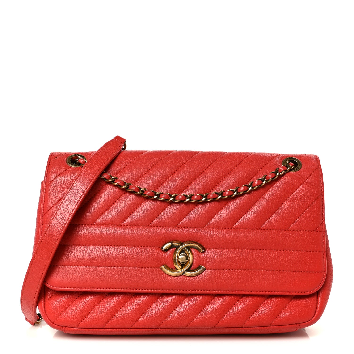 Chanel Shiny Goatskin Diagonal Quilted Medium Flap Red 1 of 11