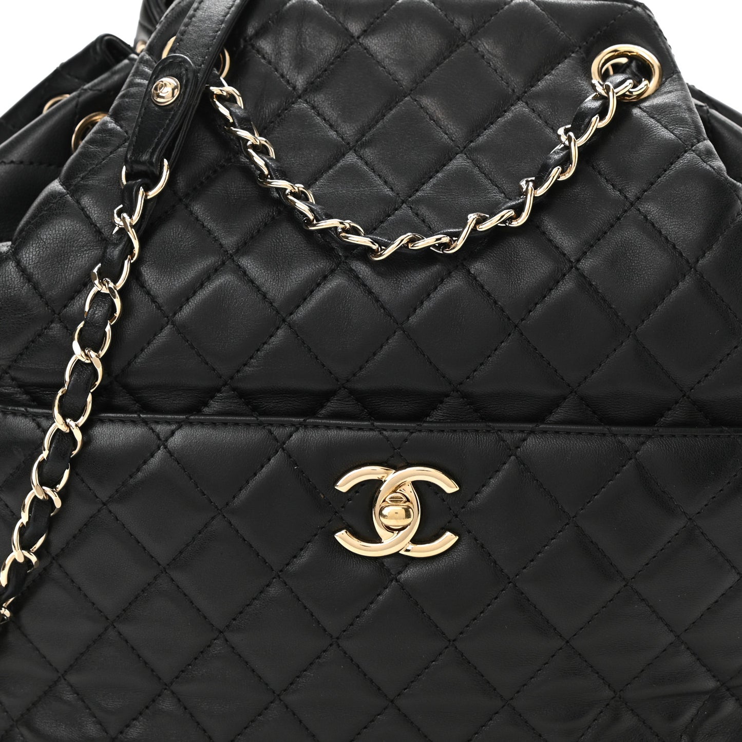 Lambskin Quilted Large Drawstring Bag Black