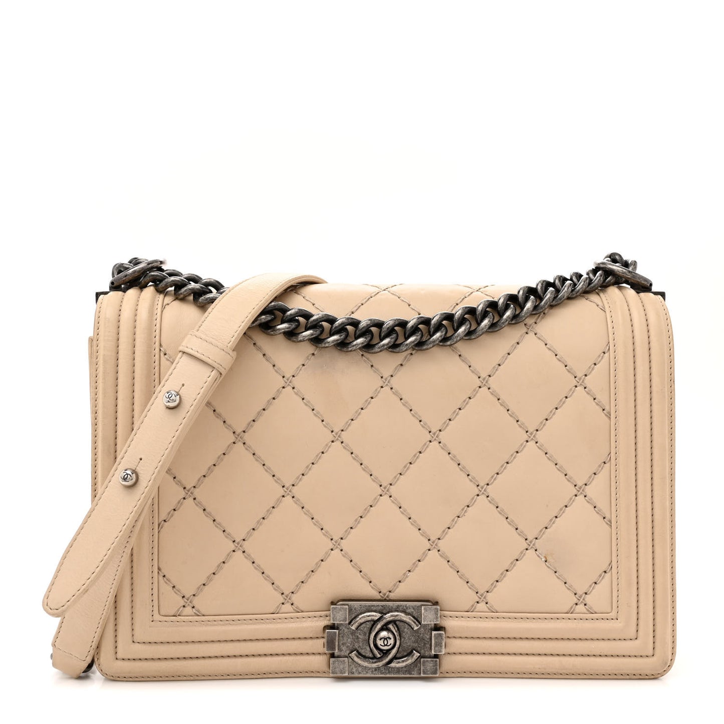 Calfskin Quilted Double Stitch New Medium Boy Flap Beige