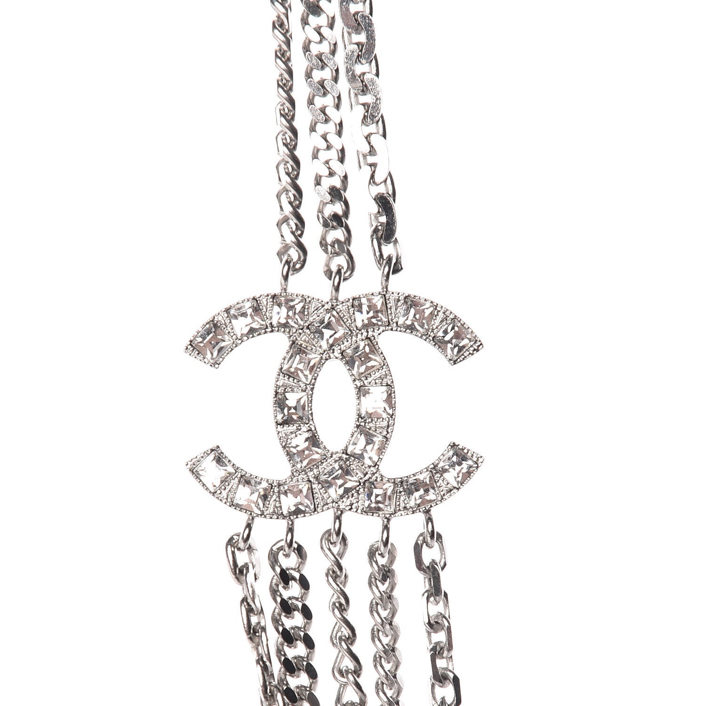 Baguette Crystal CC Shield Multi Strand Long Chain Necklace Silver