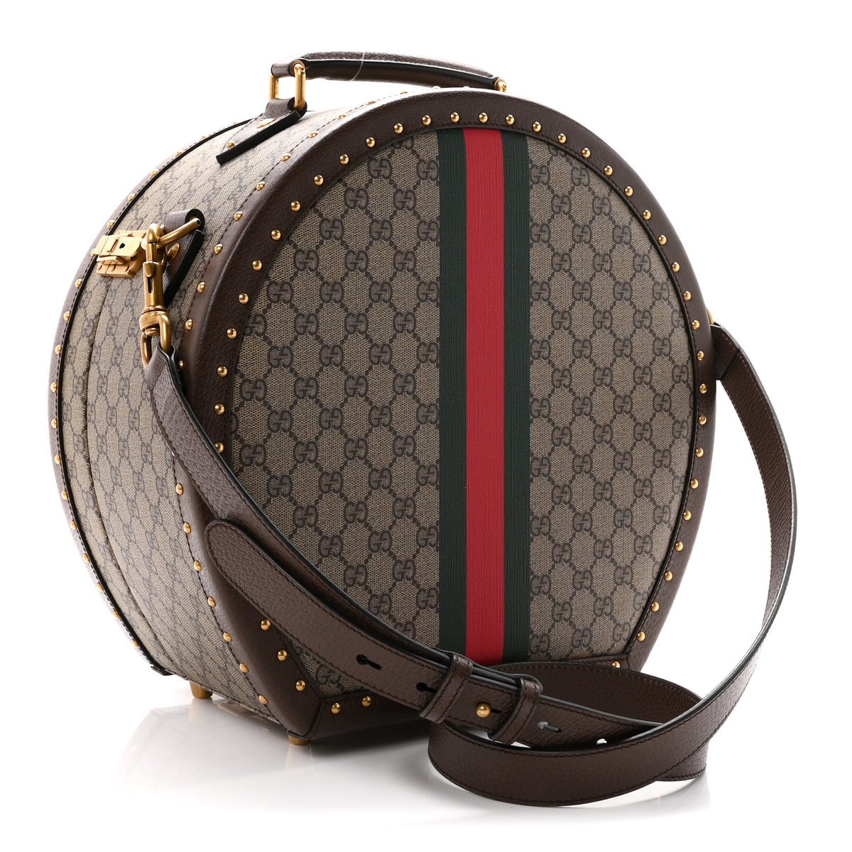 Gucci GG Supreme Monogram Textured Dollar Calfskin Web Savoy Hat Box Beige Ebony New Acero 2 of 8