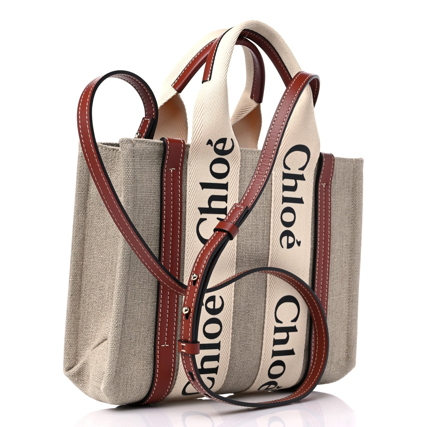 Linen Calfskin Small Woody Ribbon Tote With Strap White Brown