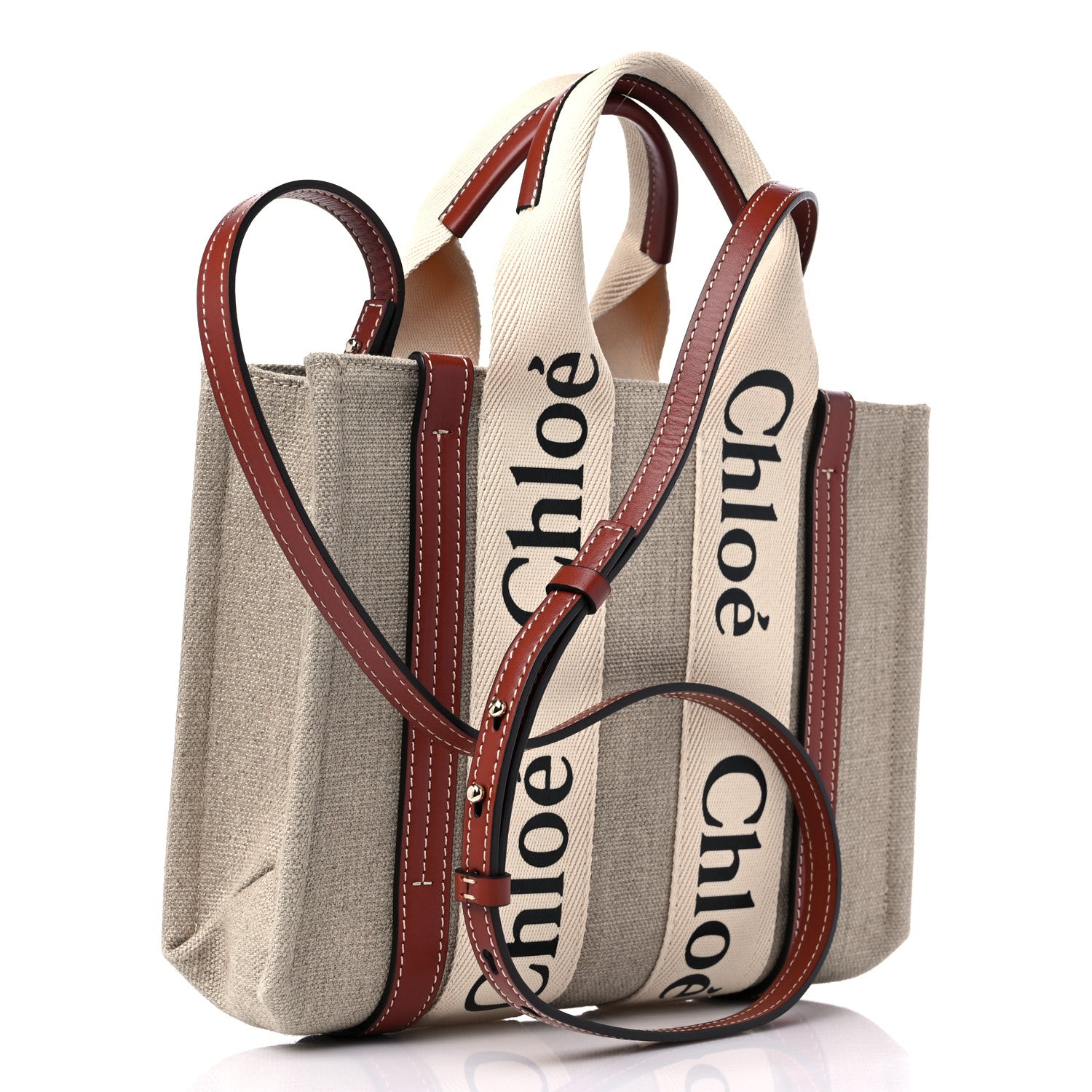 Chloe Linen Calfskin Small Woody Ribbon Tote With Strap White Brown 3 of 9