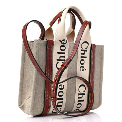 Chloe Linen Calfskin Small Woody Ribbon Tote With Strap White Brown 3 of 9