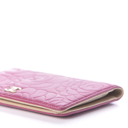 Chanel Lambskin Camellia Embossed Yen Wallet Fuchsia 8 of 11
