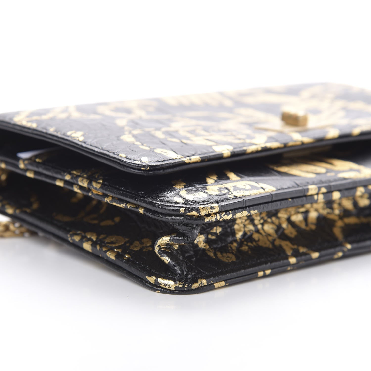 Chanel Calfskin Crocodile Embossed Graffiti 2.55 Cocodile Reissue Wallet On Chain WOC Black Gold 10 of 14