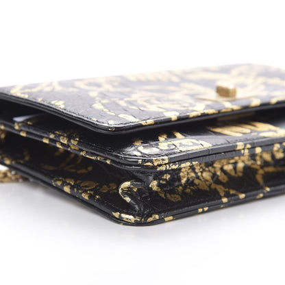 Chanel Calfskin Crocodile Embossed Graffiti 2.55 Cocodile Reissue Wallet On Chain WOC Black Gold 10 of 14