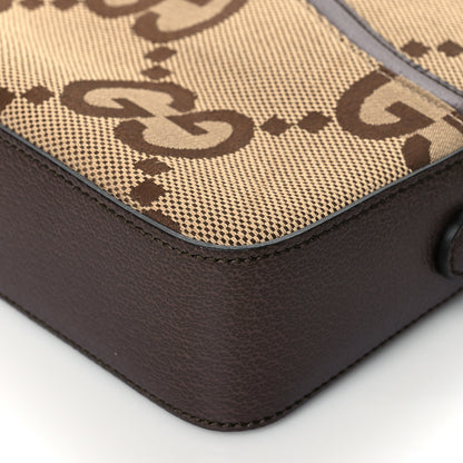 Gucci Monogram Jumbo GG Textured Dollar Calfskin Web Messenger Shoulder Bag Camel Ebony New Acero 10 of 11