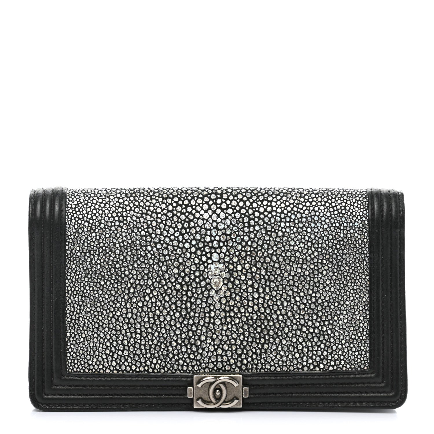Chanel Metallic Galuchat Stingray Lambskin Yen Wallet Silver Black 1 of 9