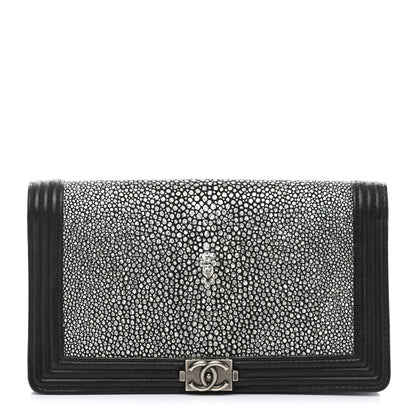 Chanel Metallic Galuchat Stingray Lambskin Yen Wallet Silver Black 1 of 9
