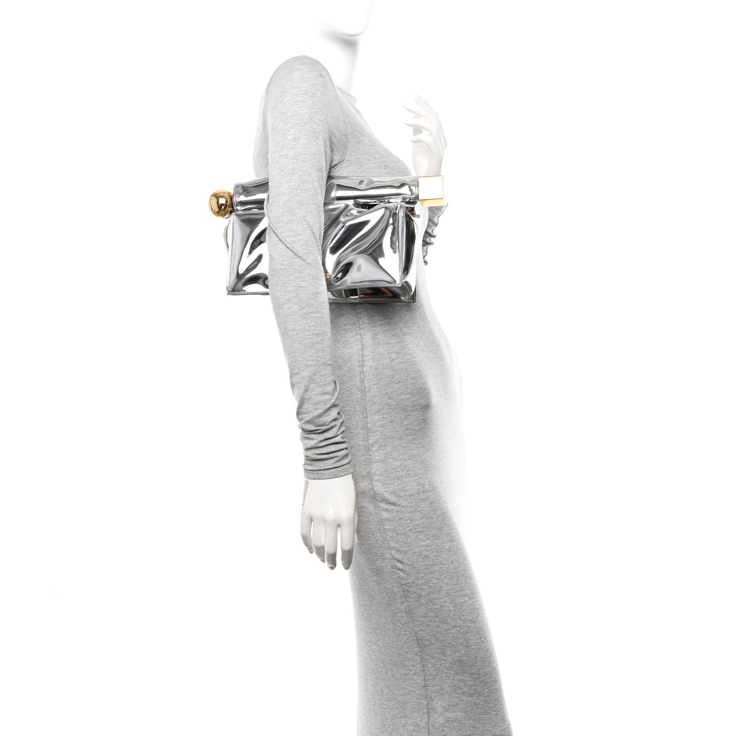 Metallic Patent Calfskin La Pochette Rond Carre Silver