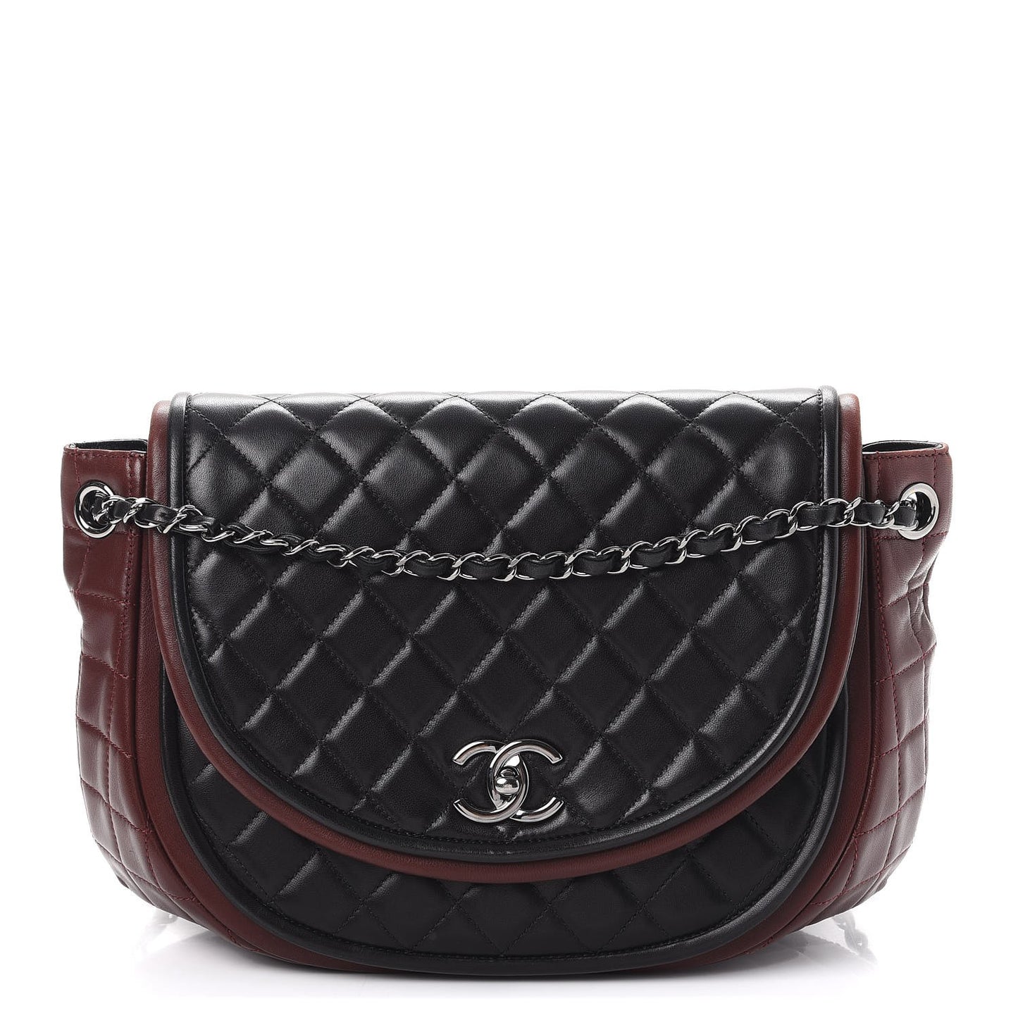 Lambskin Quilted Large Classic Twist Crescent Flap Black Burgundy