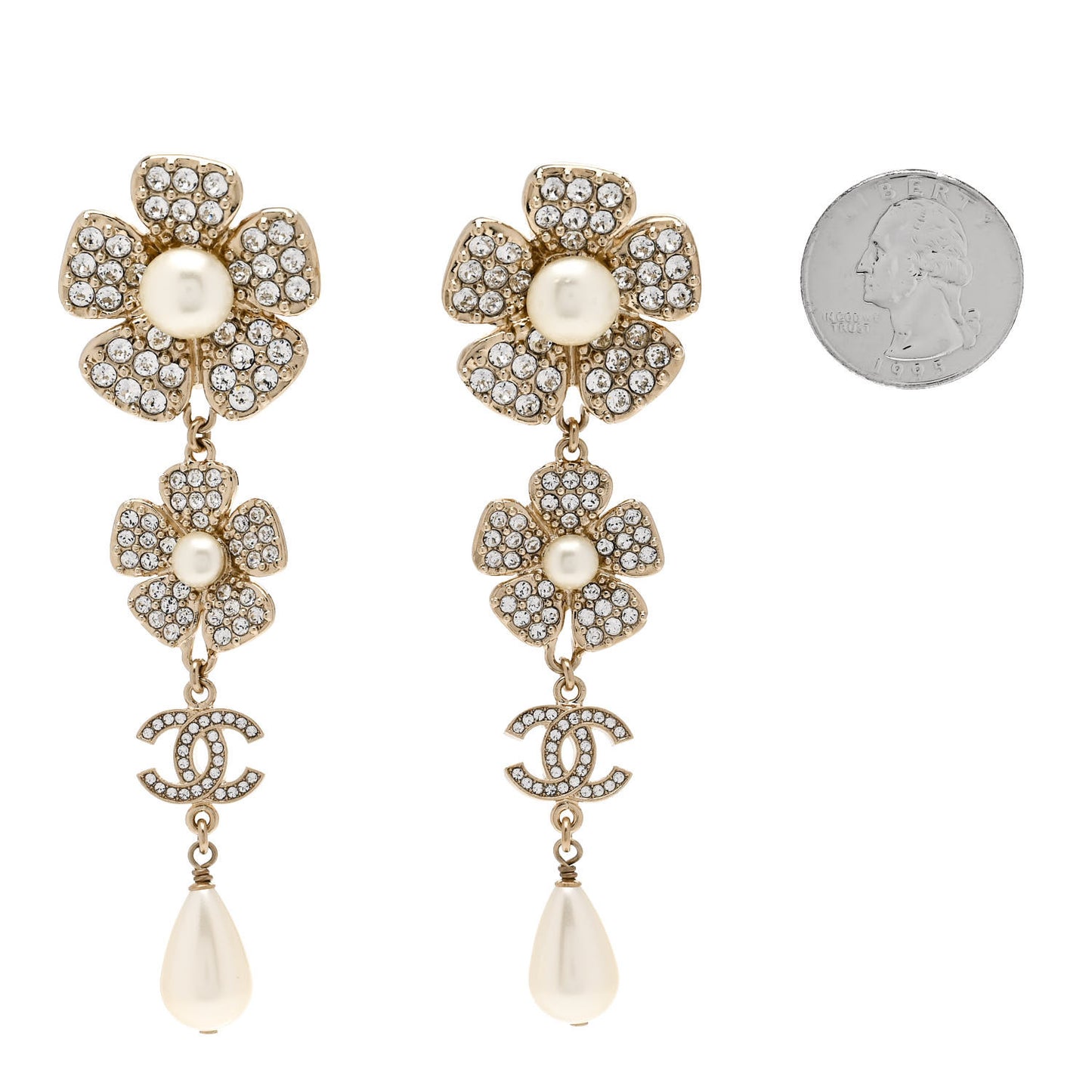 Crystal Pearl Flower CC Clip On Drop Earrings Light Gold