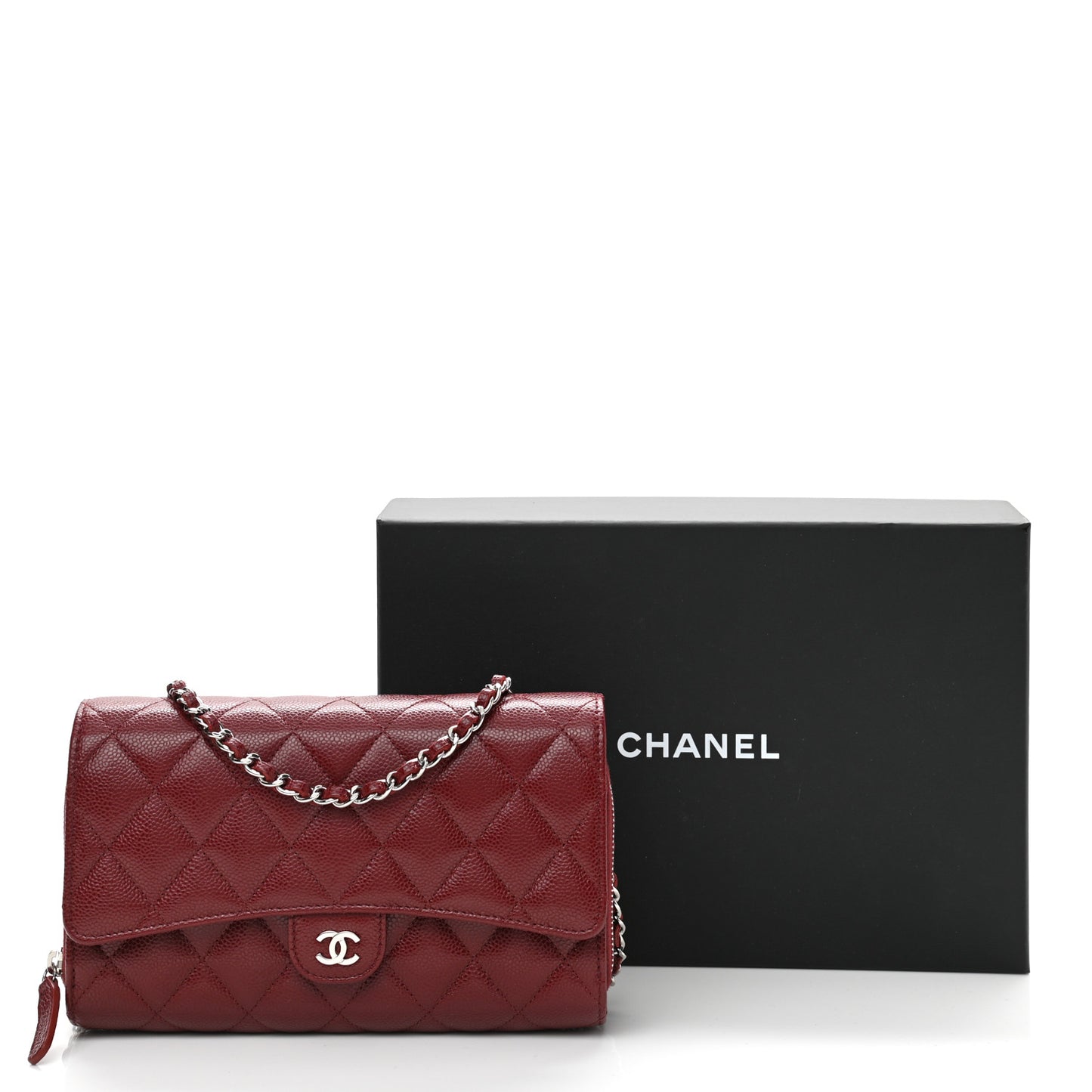 Caviar Quilted Phone Holder Wallet on Removable Chain Red