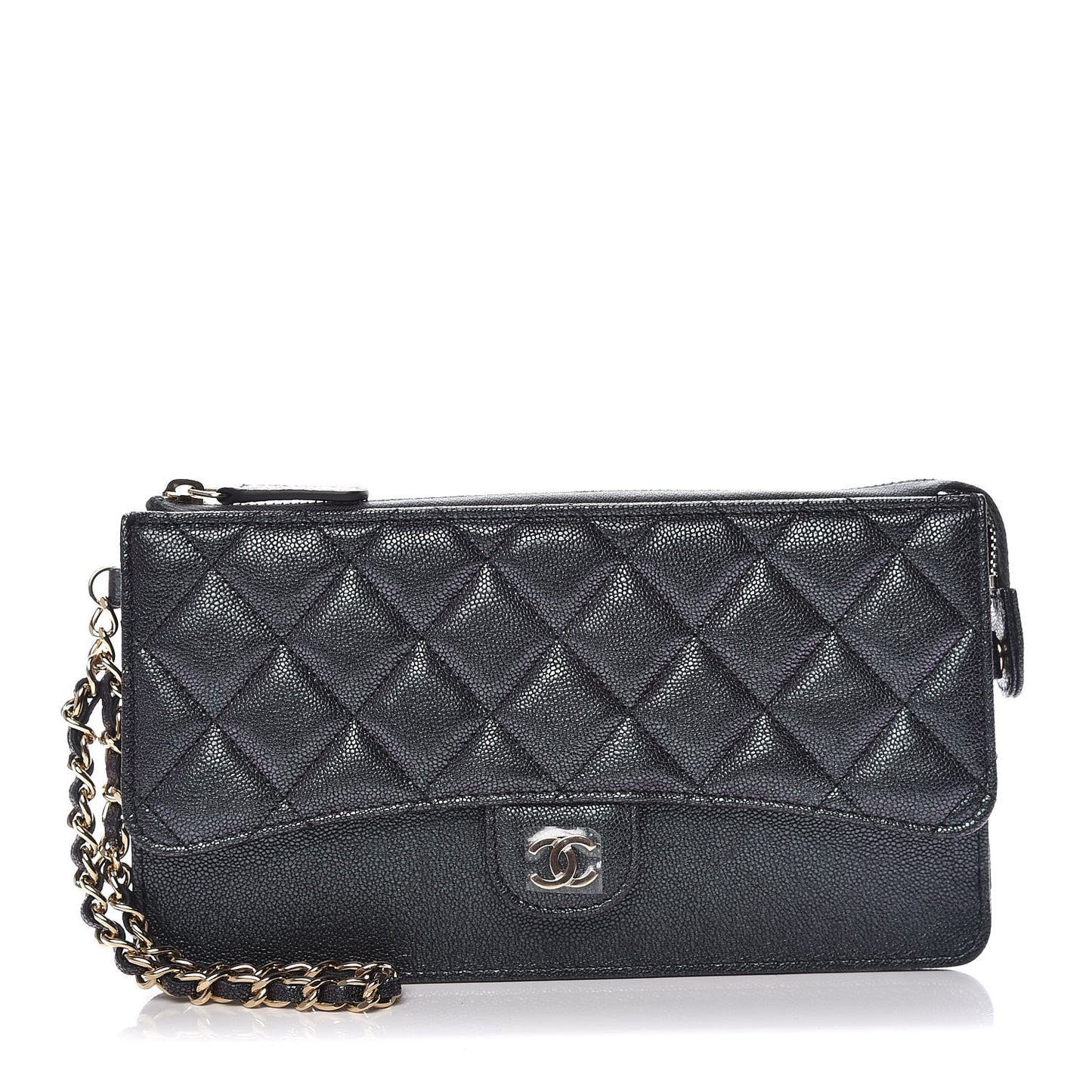 Iridescent Caviar Quilted Classic Pouch With Handle Black