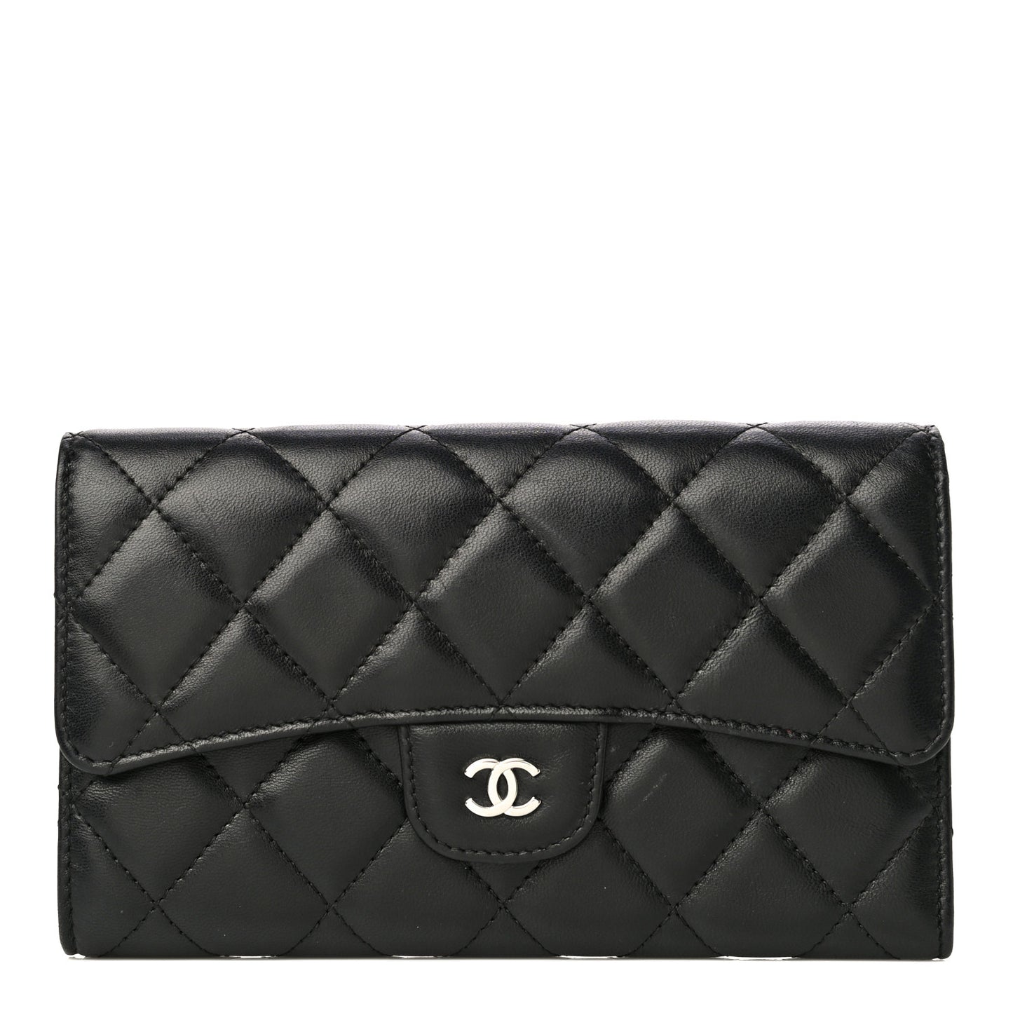 Lambskin Quilted Large Gusset Flap Wallet Black