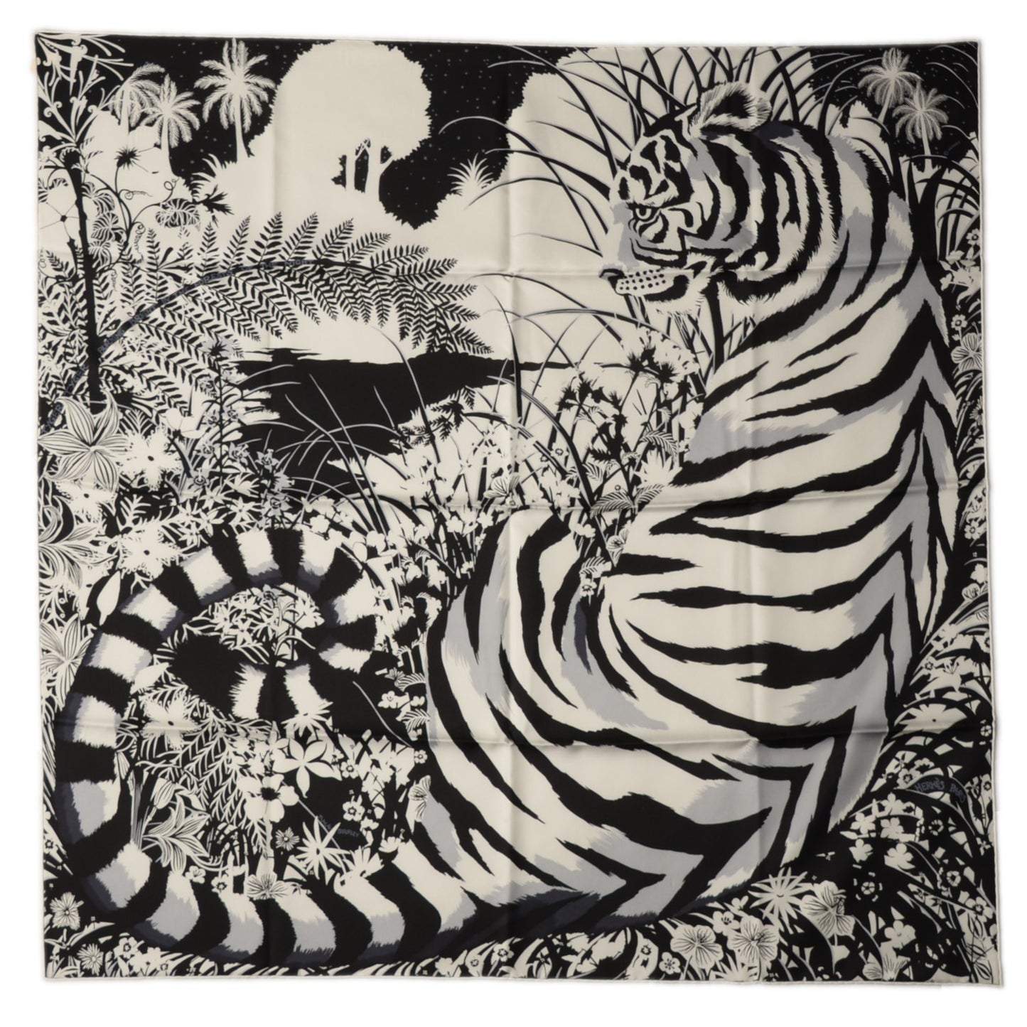 Silk Tyger Tyger Scarf 90 Black Blanc Gris