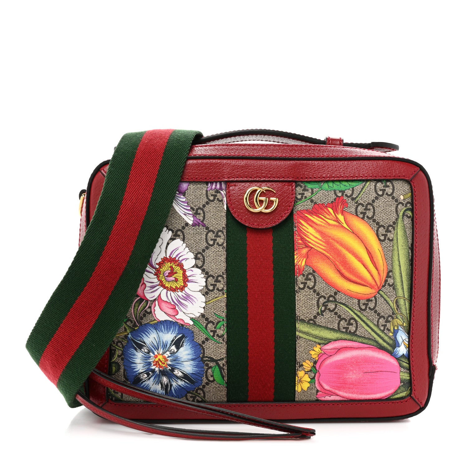 Gucci GG Supreme Monogram Flora Web Small Ophidia Top Handle Shoulder Bag Hibiscus Red 1 of 20