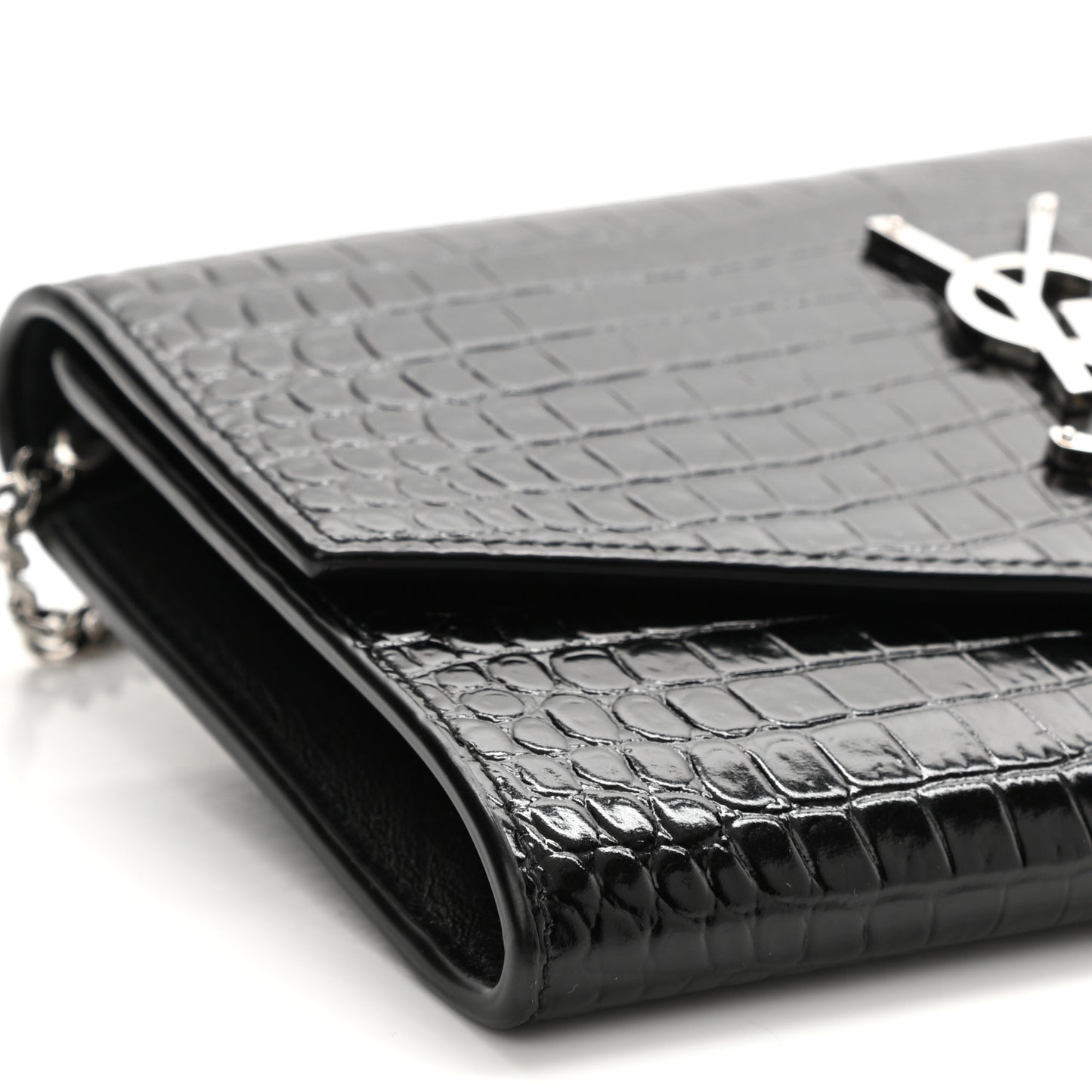 Calfskin Crocodile Embossed Monogram Uptown Chain Wallet Black