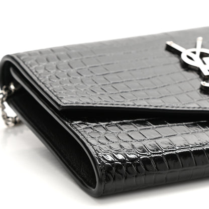 Saint Laurent Calfskin Crocodile Embossed Monogram Uptown Chain Wallet Black 12 of 14