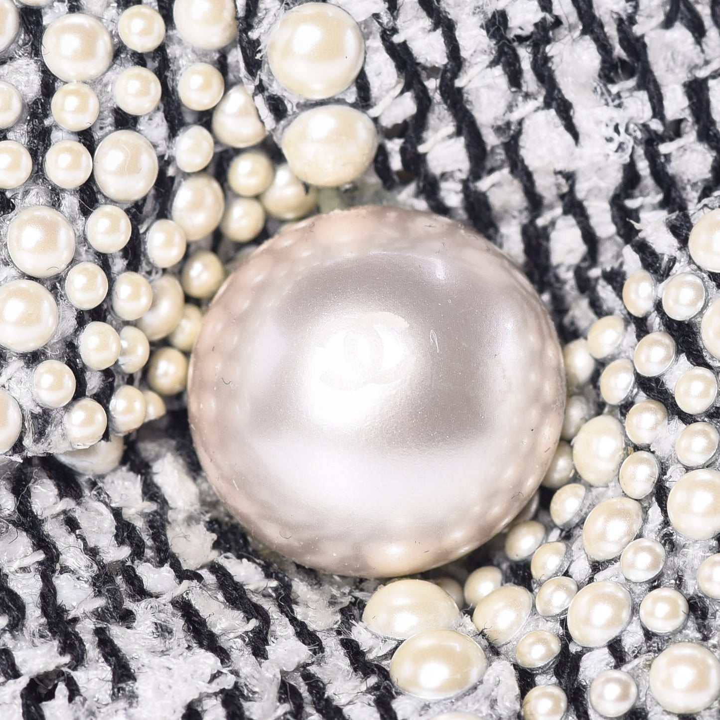 Tweed Pearl Camellia Brooch Black White Grey