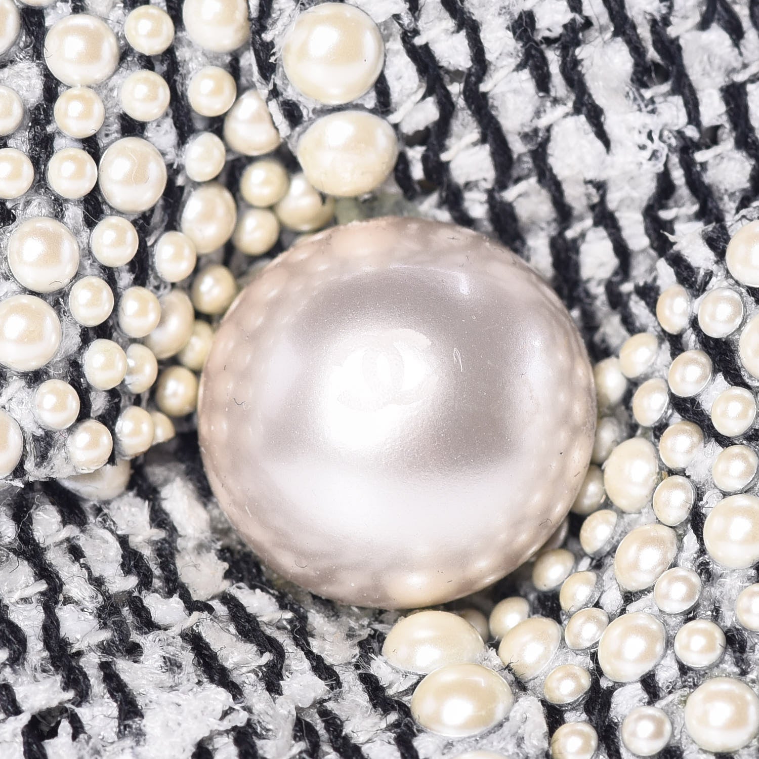Chanel Tweed Pearl Camellia Brooch Black White Grey 4 of 6