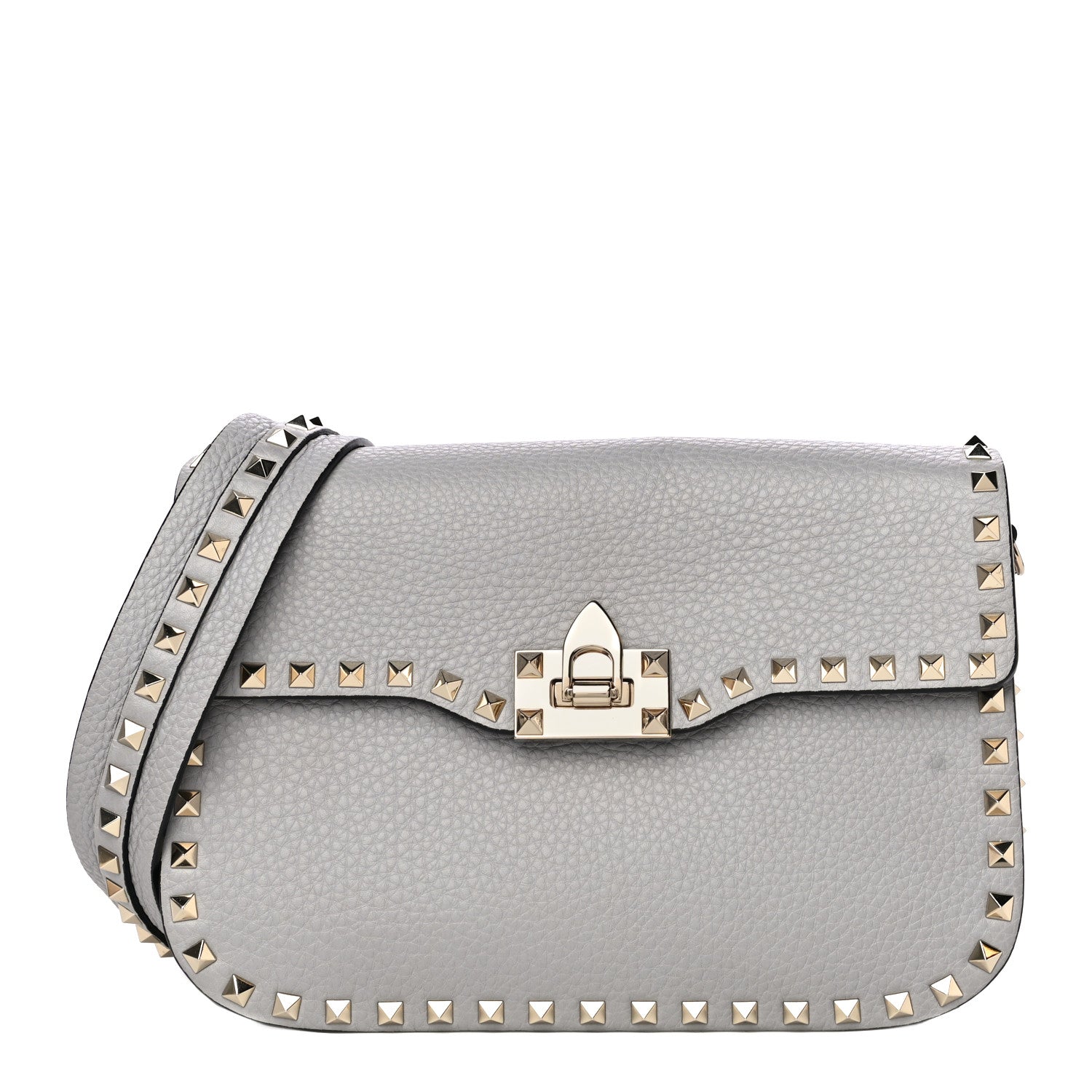 Valentino Garavani Pebbled Calfskin Medium Rockstud Flap Saddle Bag Pastel Grey 1 of 13