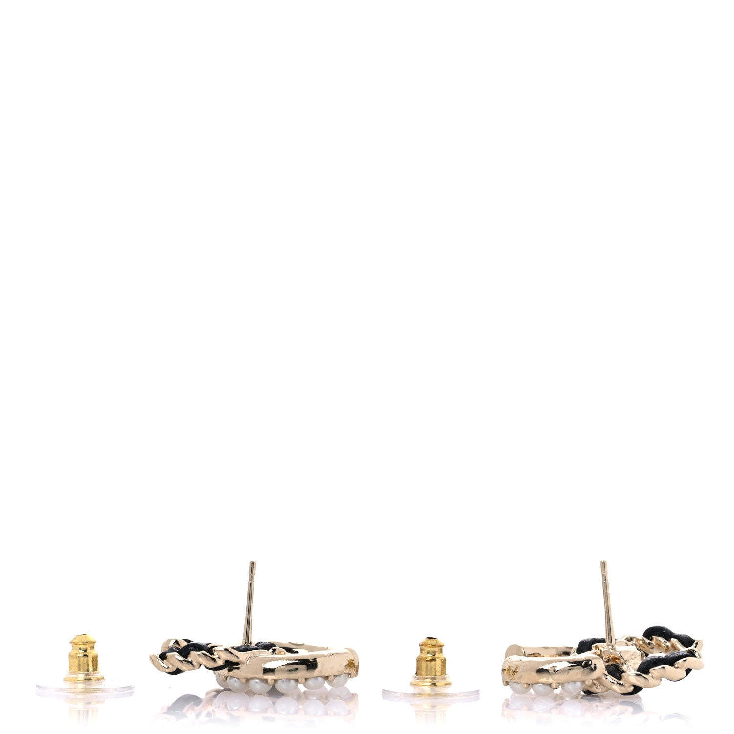 Chanel Pearl Lambskin Chain CC Stud Earrings Gold Black 3 of 5