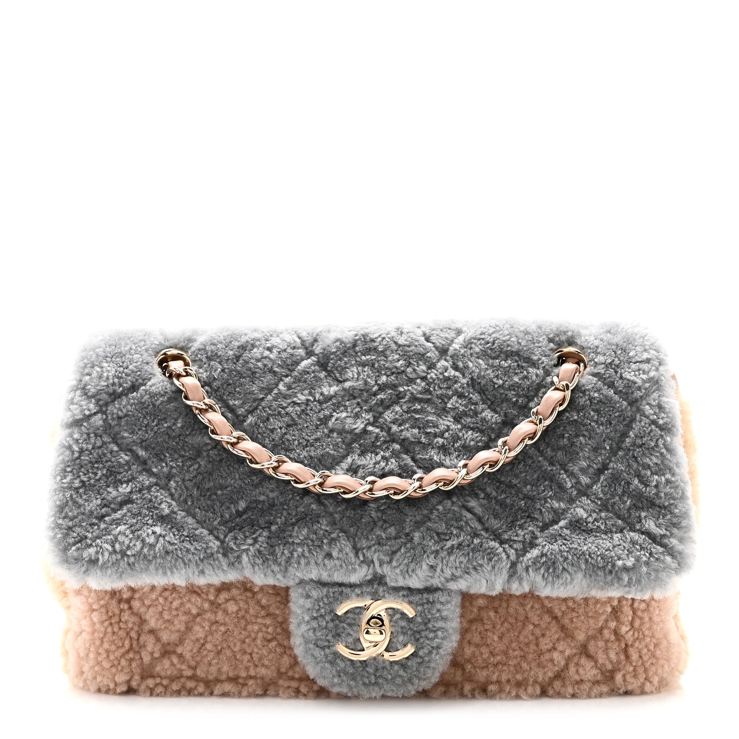 Chanel Shearling Sheepskin Single Flap Gray Pink Beige 1 of 13