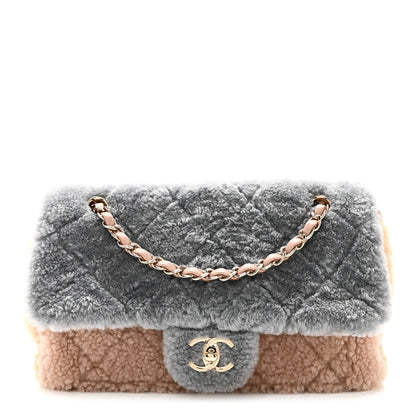 Chanel Shearling Sheepskin Single Flap Gray Pink Beige 1 of 13