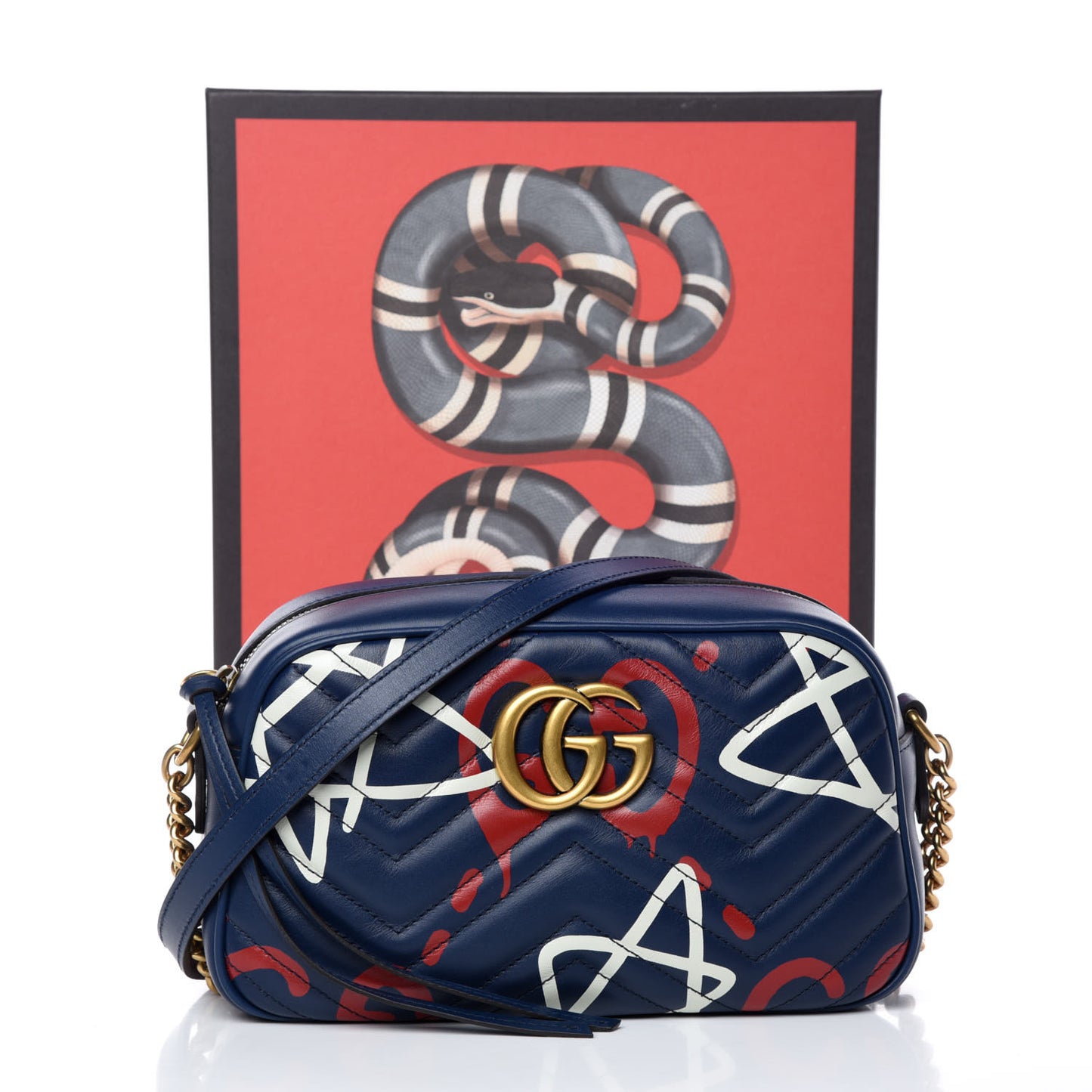 Calfskin Matelasse GucciGhost Small GG Marmont Chain Shoulder Bag Blue Agata Hibiscus Red
