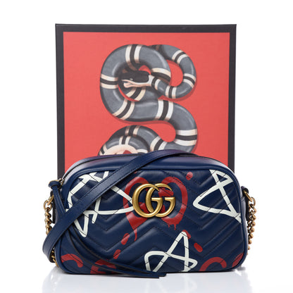 Gucci Calfskin Matelasse GucciGhost Small GG Marmont Chain Shoulder Bag Blue Agata Hibiscus Red 11 of 11