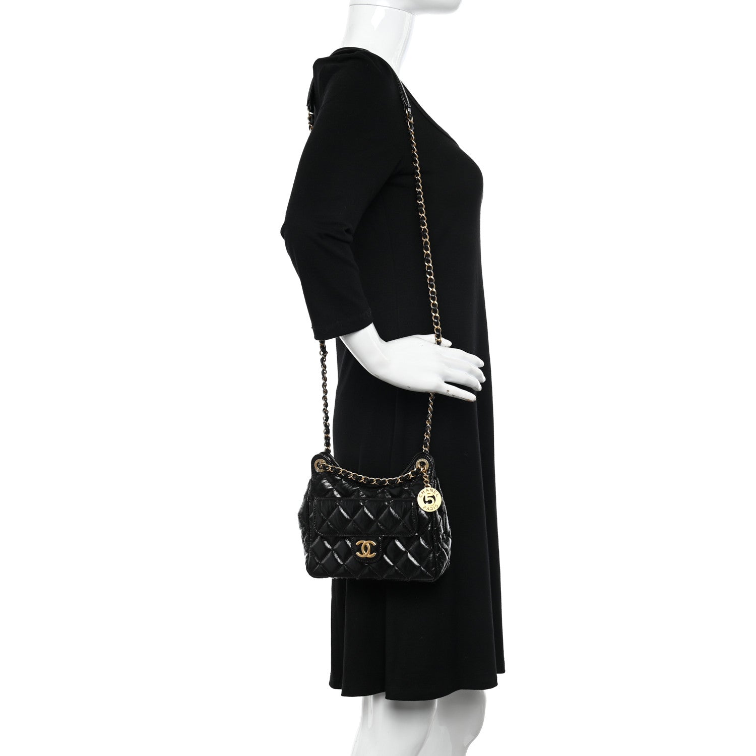 Chanel Shiny Crumpled Calfskin Quilted Small Wavy CC Hobo Black 2 of 10