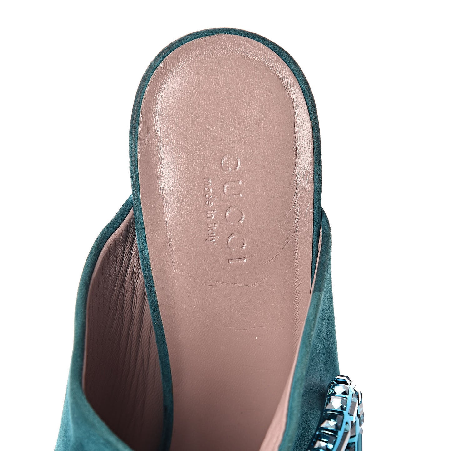 Suede Crystal Maxine Horsebit High Heel Slides 38 Dusty Turquoise