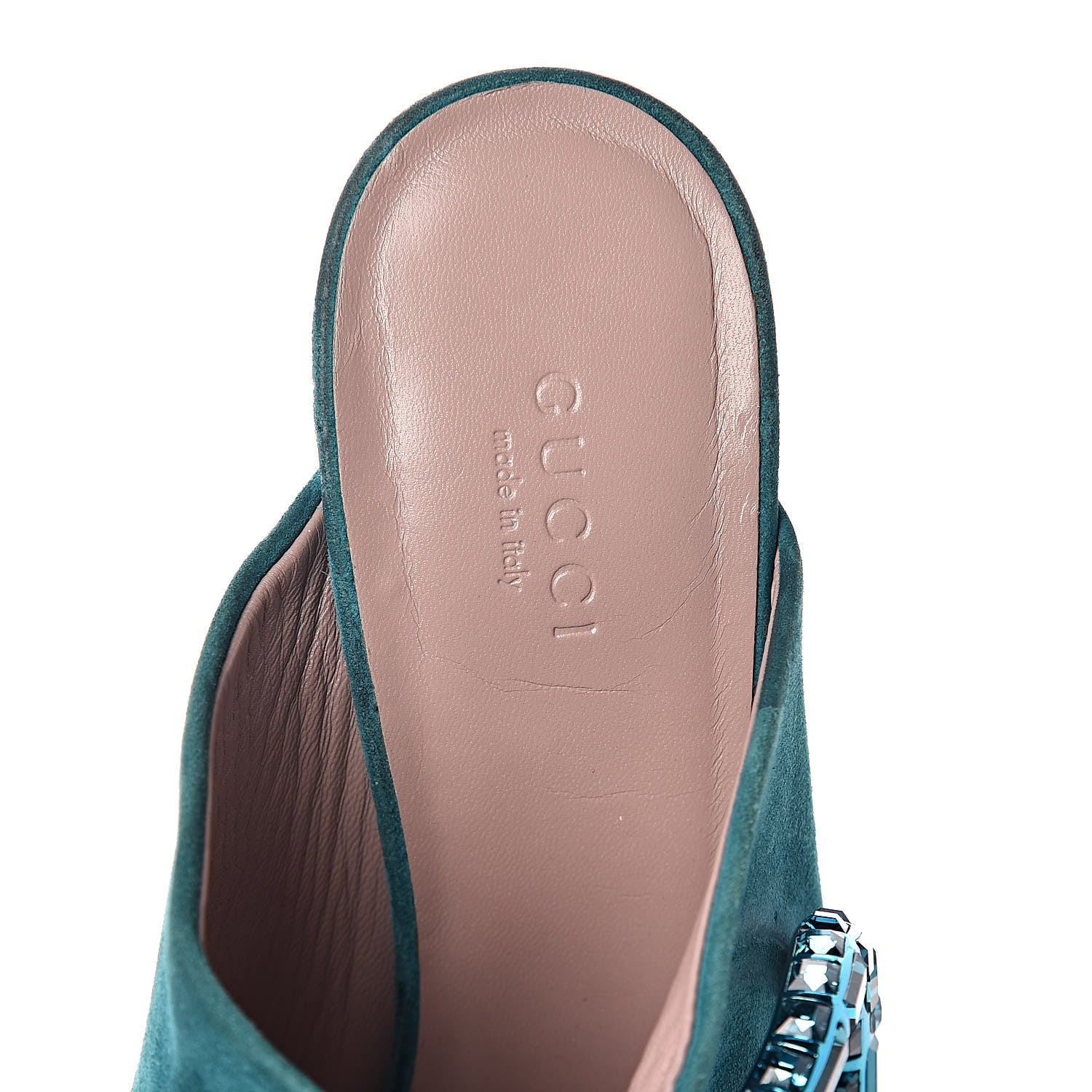 Gucci Suede Crystal Maxine Horsebit High Heel Slides 38 Dusty Turquoise 9 of 20