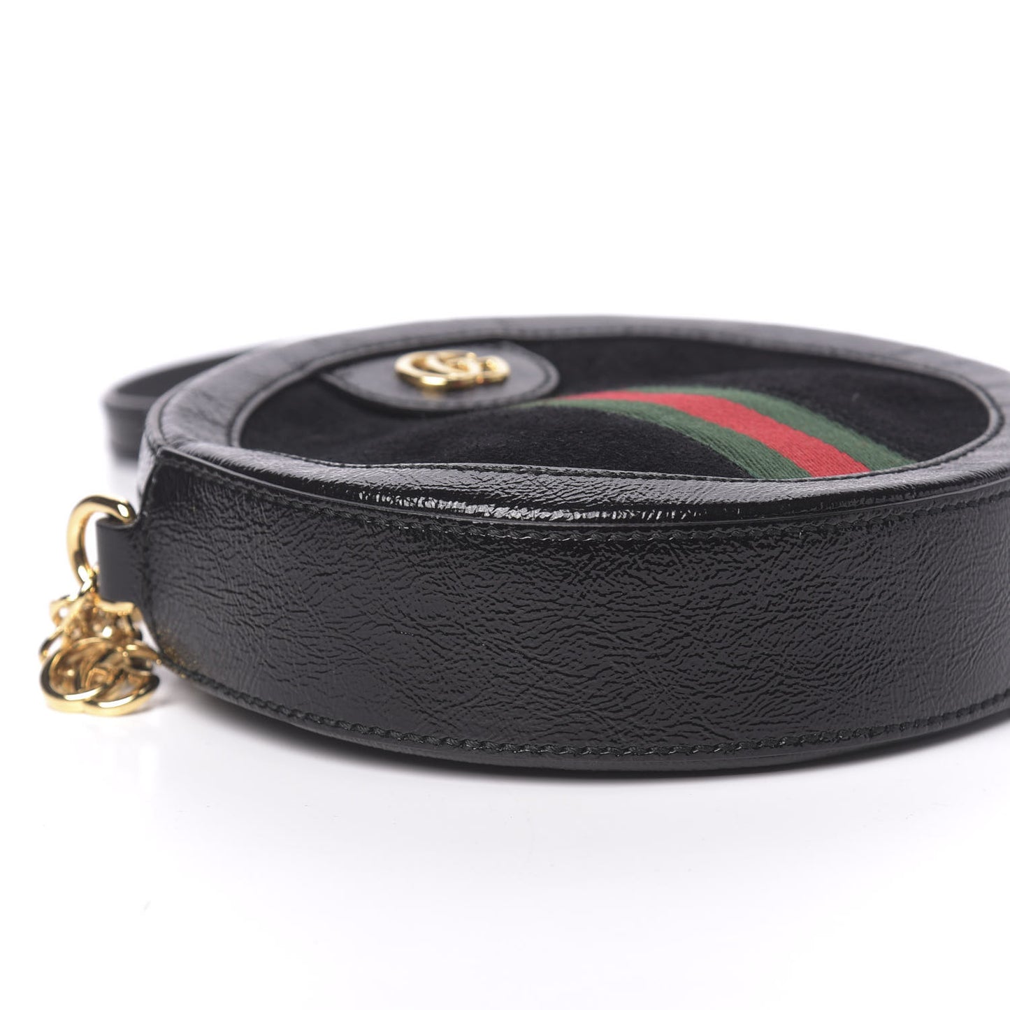 Suede Patent Web Mini Ophidia Round Shoulder Bag Black