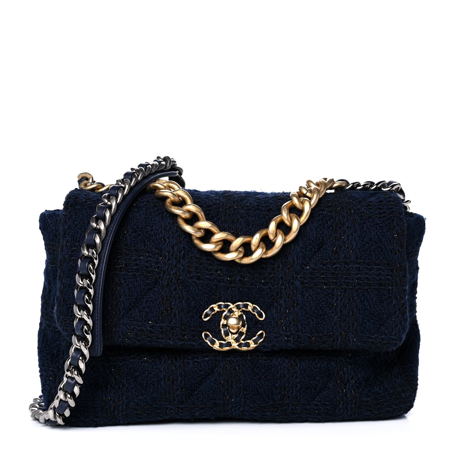 Chanel Tweed Quilted Large Chanel 19 Flap Navy Blue 1 of 12