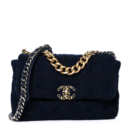 Chanel Tweed Quilted Large Chanel 19 Flap Navy Blue 1 of 12