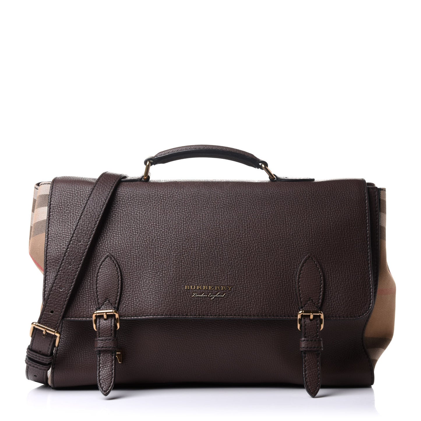 Grainy Calfskin House Check Ethan Satchel Oak Brown