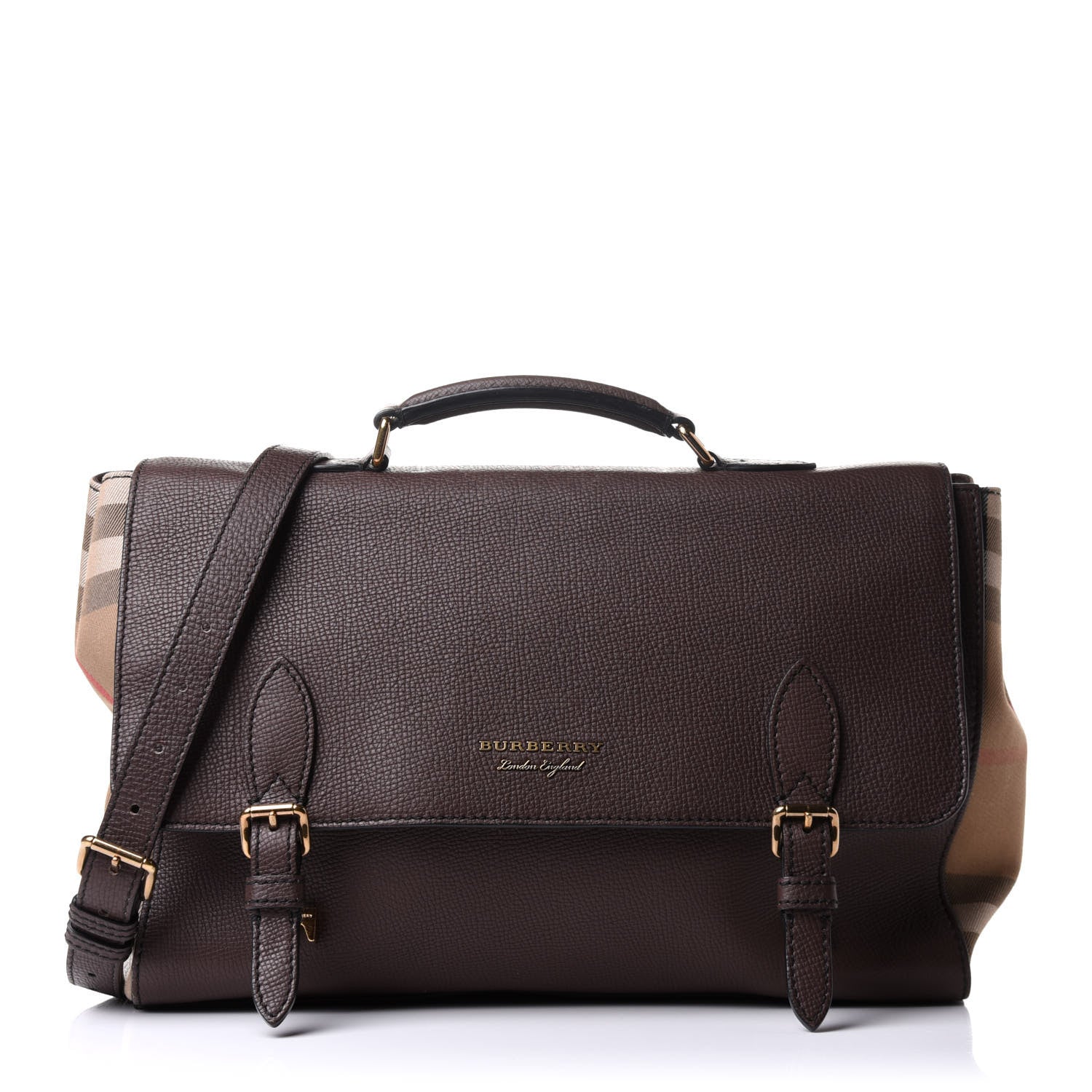 Burberry Grainy Calfskin House Check Ethan Satchel Oak Brown 1 of 13
