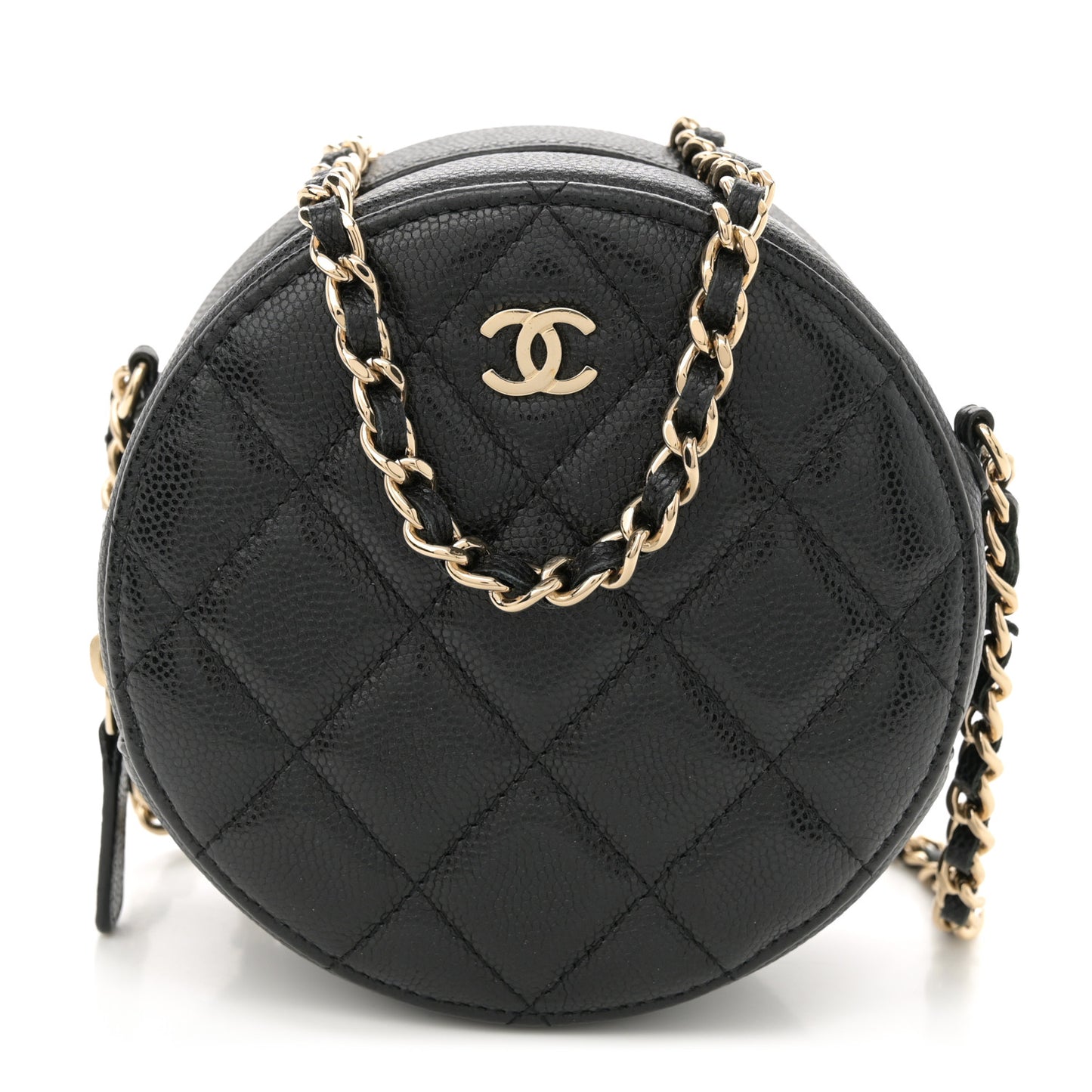 Caviar Quilted Round Clutch With Chain Black