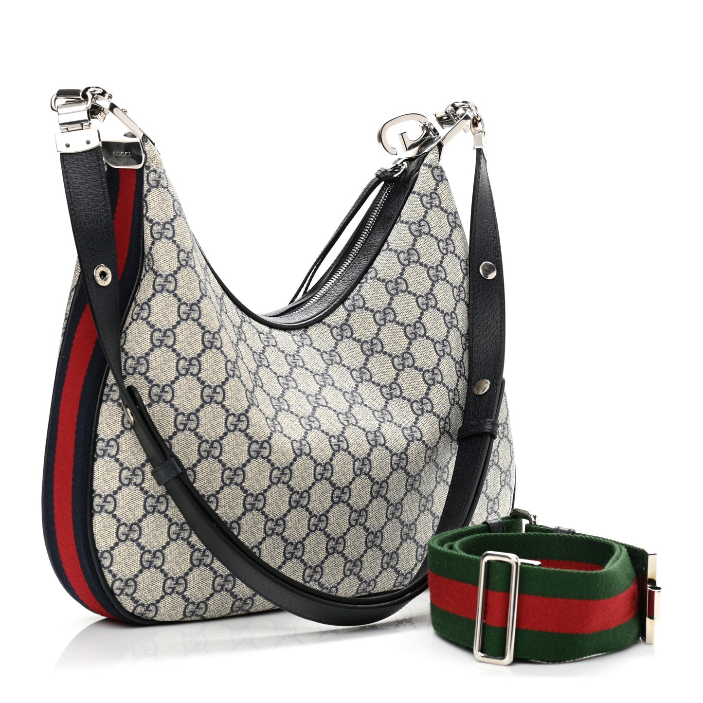 GG Supreme Monogram Textured Calfskin Web Large Attache Shoulder Bag Beige Blue