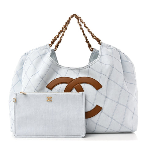 Denim Calfskin Quilted Coco Beach Small Shopping Tote Light Blue Brown