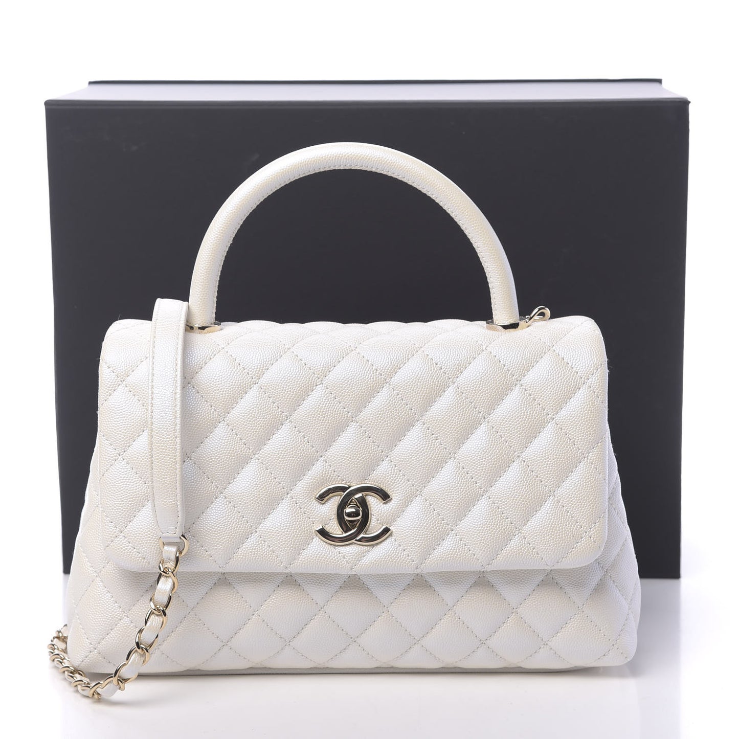 Iridescent Caviar Quilted Small Coco Handle Flap White