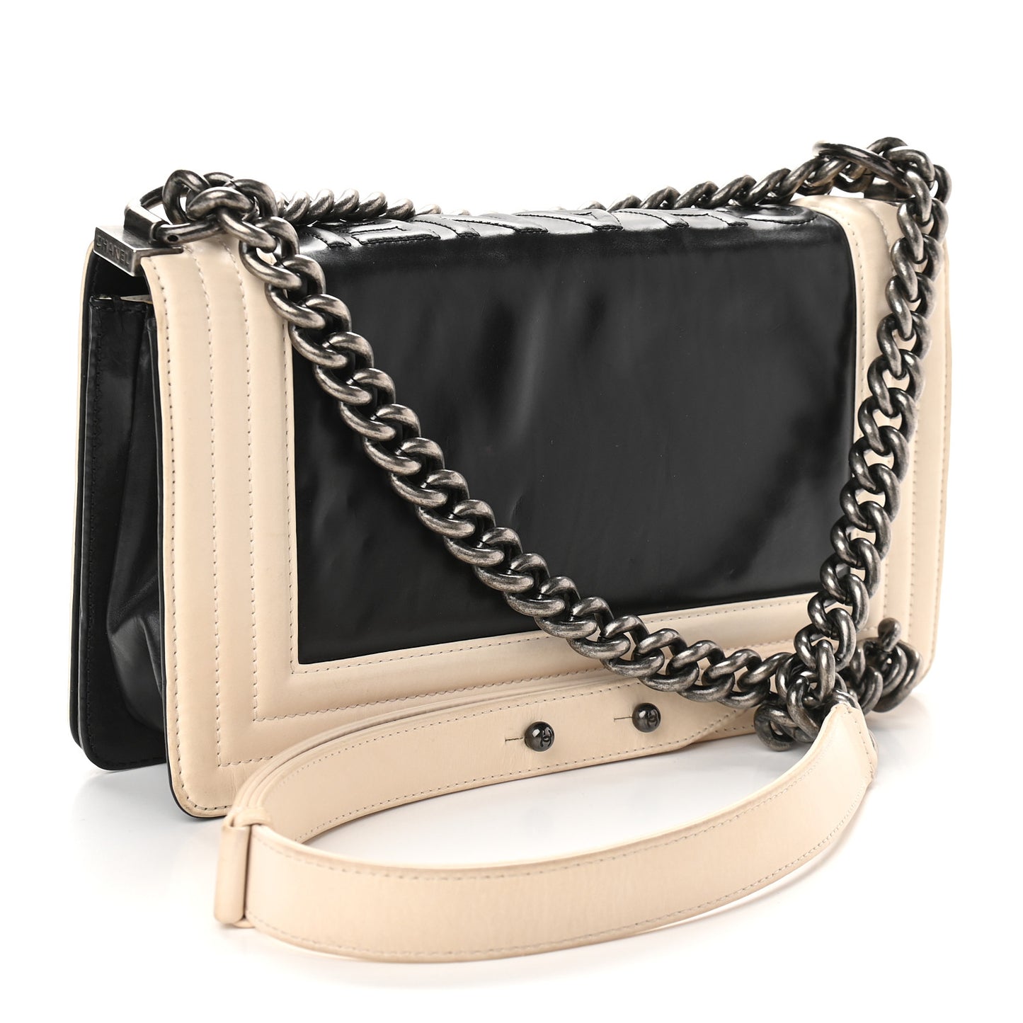 Glazed Calfskin Medium Boy Flap Black White
