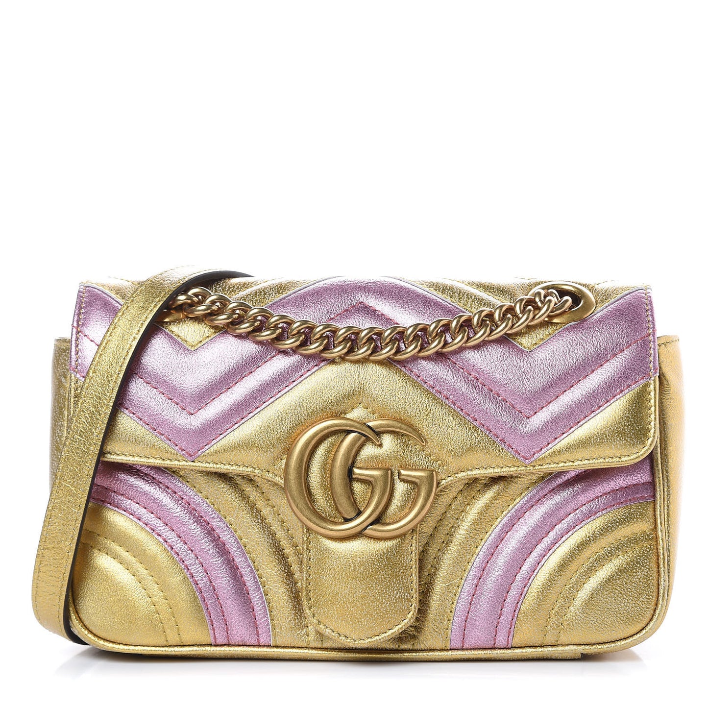 Metallic Calfskin Matelasse Mini GG Marmont Shoulder Bag Gold Pink